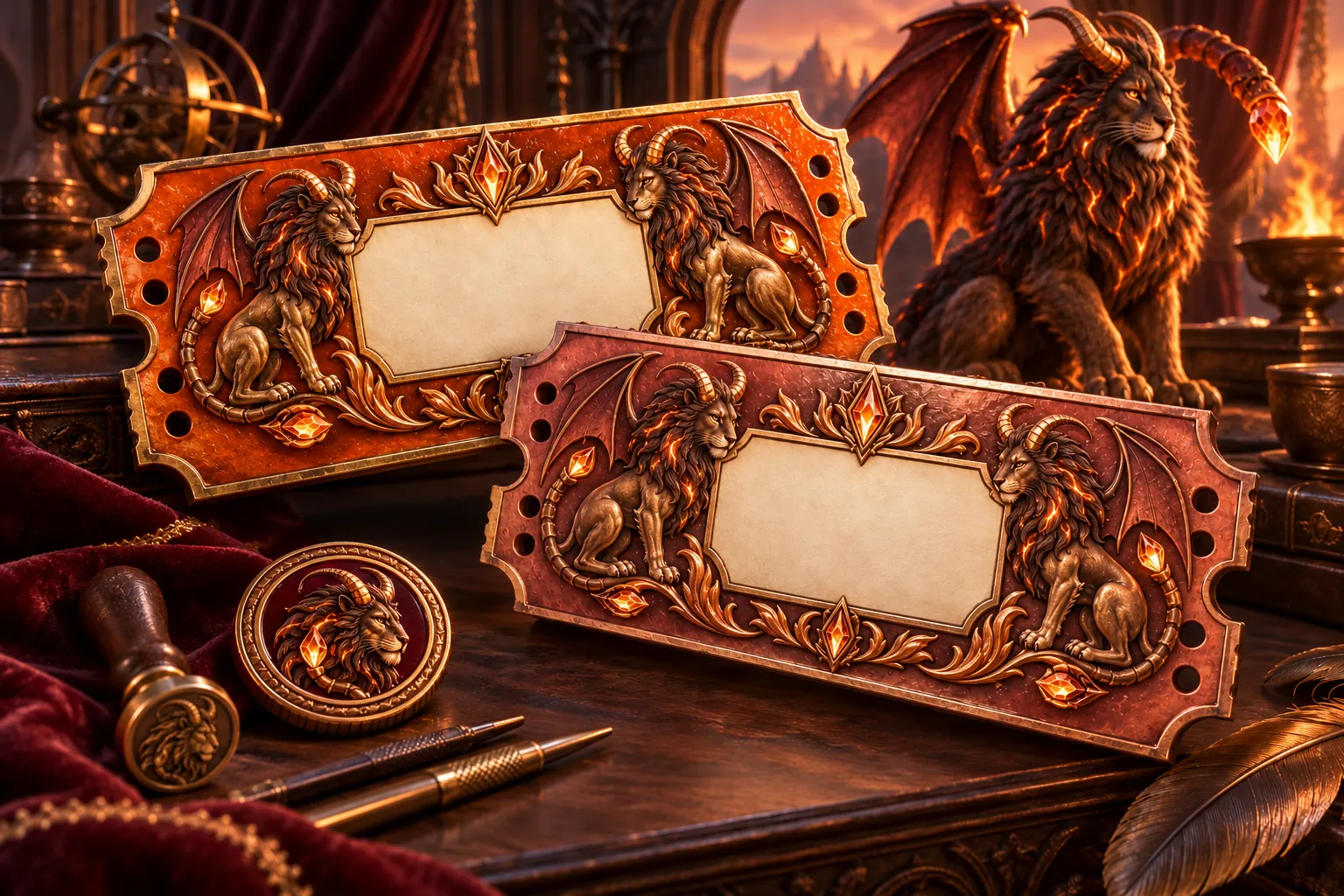Two thick enamelled copper admission coupons, embossed with horned manticores and amber crystals on a walnut workbench
